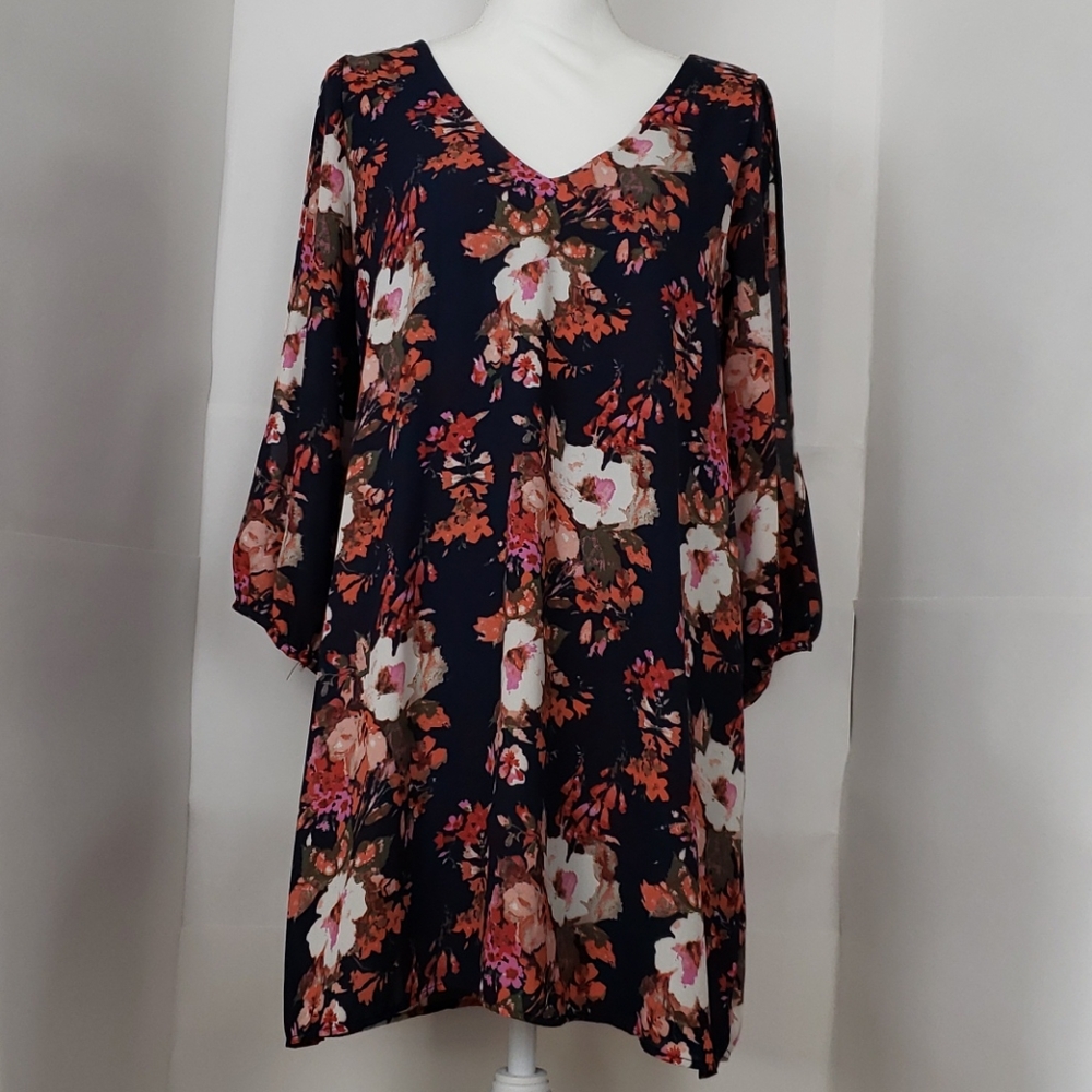 Lulu's Navy Floral Mini Dress with Pink & Rust Accents